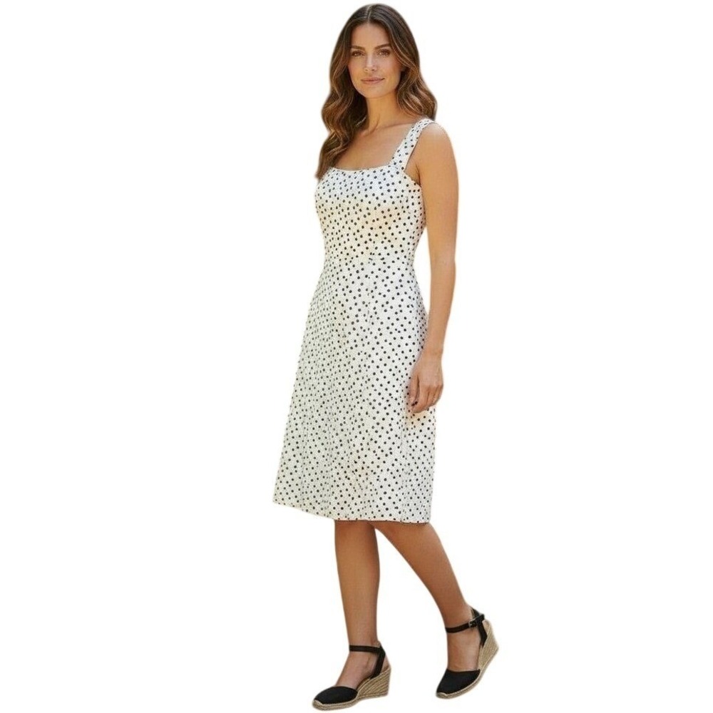 Rachel Zoe Polka Dot Smocked Midi Dress Women Size 14 Black Cream NWT